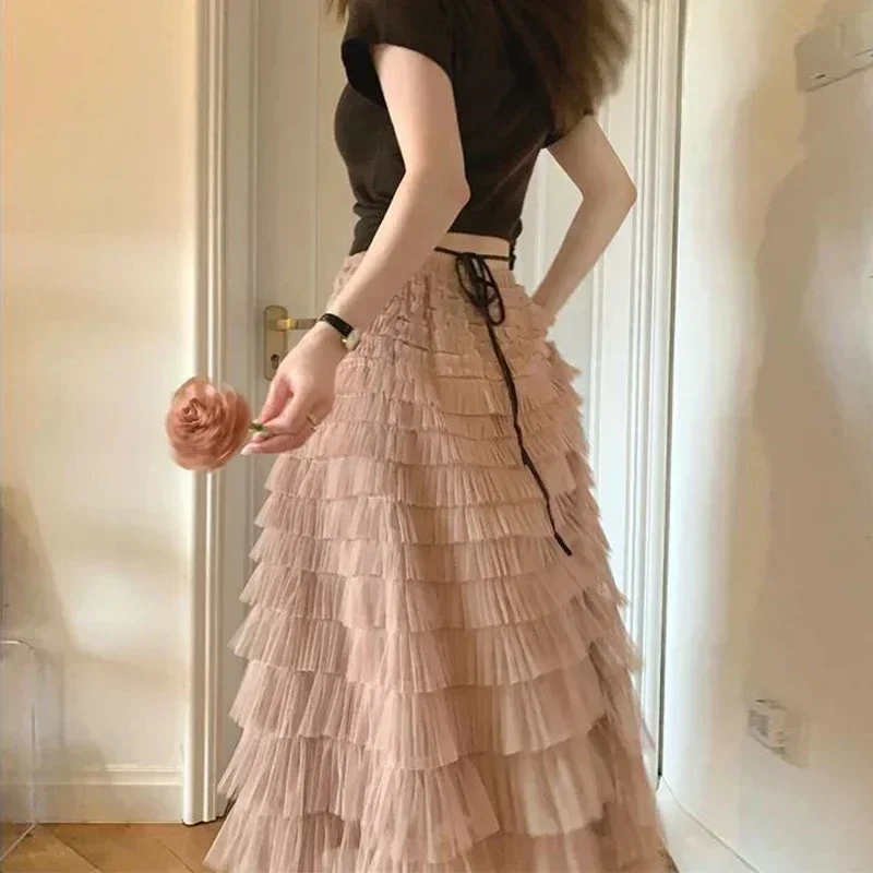 Tutu Cake  A Line Skirts Women Elegant Cascading Ruffles Long Skirts Female Casual Elastic Waist Party Lace Skirt Falda