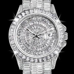 Fully Baguette Diamond Watch For Men Iced Out Quartz Mens Watches Hip Hop Male Clock Waterproof Silver Reloj Hombre Droshipping