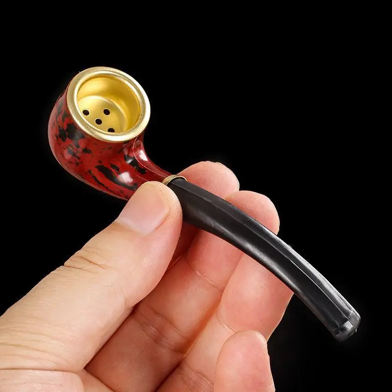 New Imitation Wood Pipe Men's Classic Resin Pipe Old-Fashioned Dry Pipe Portable Copper Pot Bent Durable Mini Cigarette Pipe