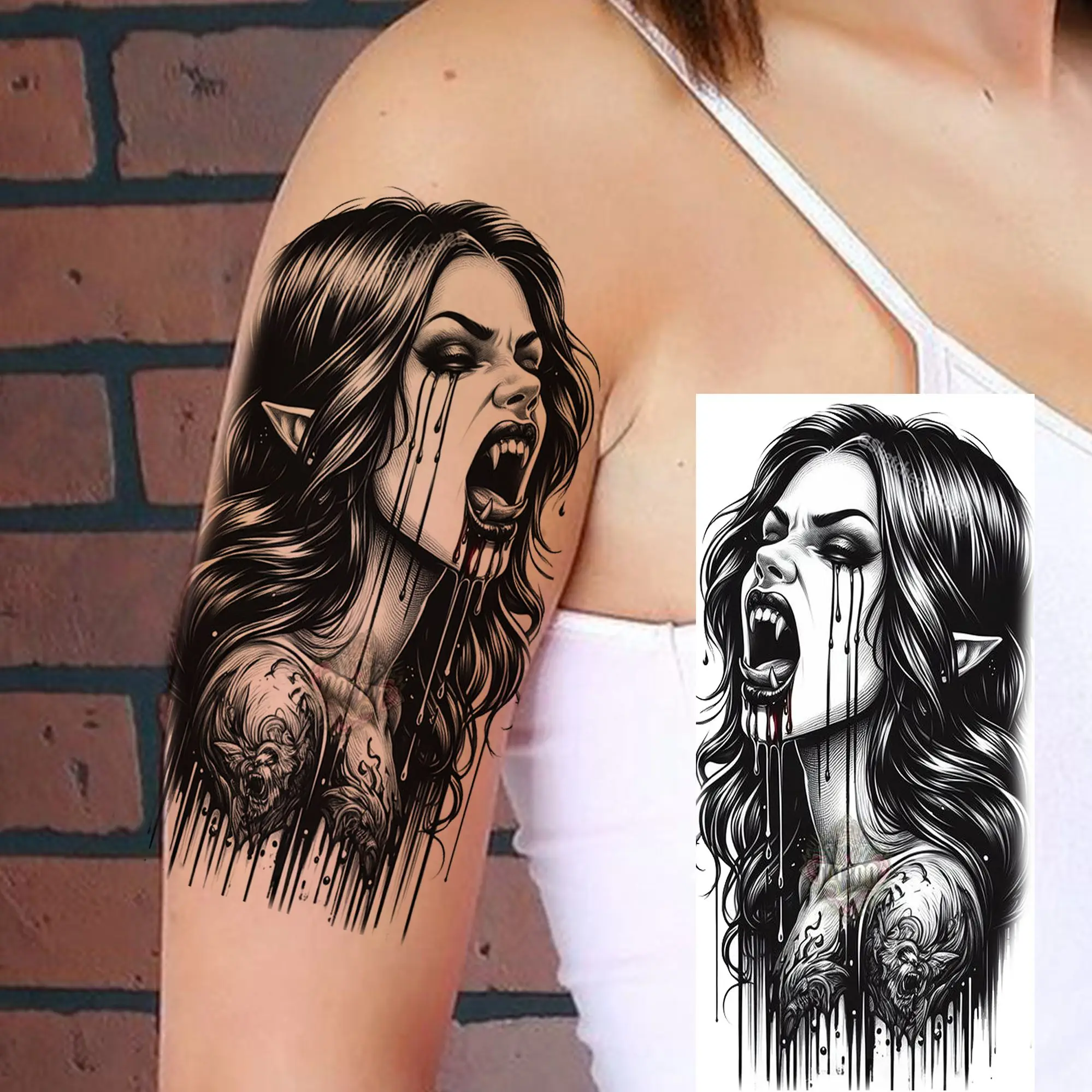 1 Sheet Horrible Bloody Vampire Witch Temporary Tattoos For Men Women Halloween Long Lasting Waterproof Temp Fake Tattoo Sticker
