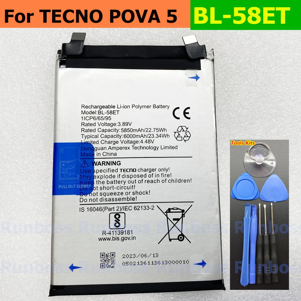 Original 6000mAh BL-58ET Battery For Tecno Pova 5, LH7n Smart Mobile Phone Battery 3.89V