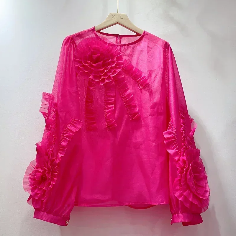 

Chic Folds Ruffle Flower See Through Long Slevee Blouses Women Fashion Elegant 2023 Spring Summer Korean Blusas Shirt