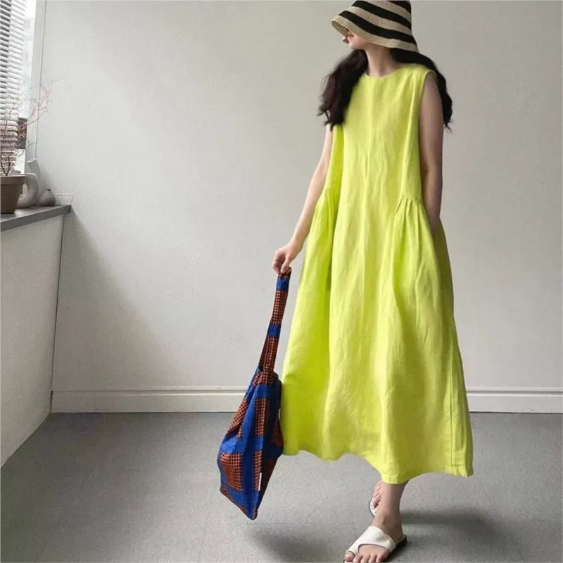 Johnature Sleeveless Dresses 2024 Spring Summer New Korean Casual Solid Color Loose Pockets Simple Women Dresses