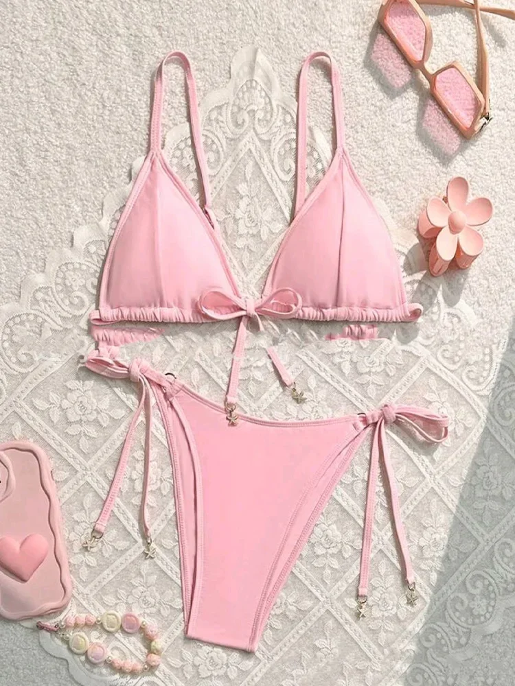 

Fashion Sexy High Waist Solid Bikinis 2 Piece Set Women Lace Up Split Swimsuit Backless Beach Bikini 2024 New Summer Bikinis Set