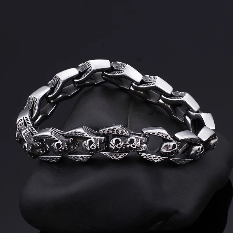 Fongten 22cm Punk Men Bracelet Stainless Steel Skull Wristband Charm Chain Bracelets Bangle Silver Color Gothic Jewelry