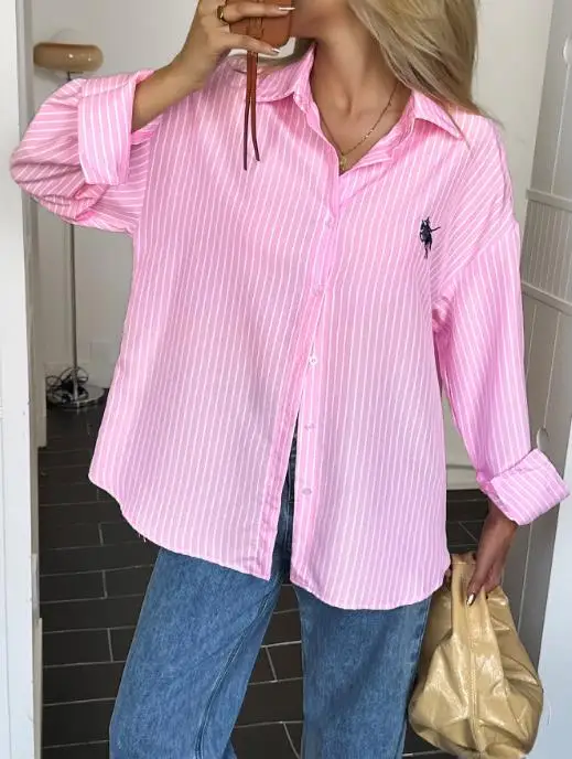 

Leisure Vacation Striped Long Sleeved High-End Women's Shirt Summer Fashion Lapel Striped Printed Single Breasted Shirt Top