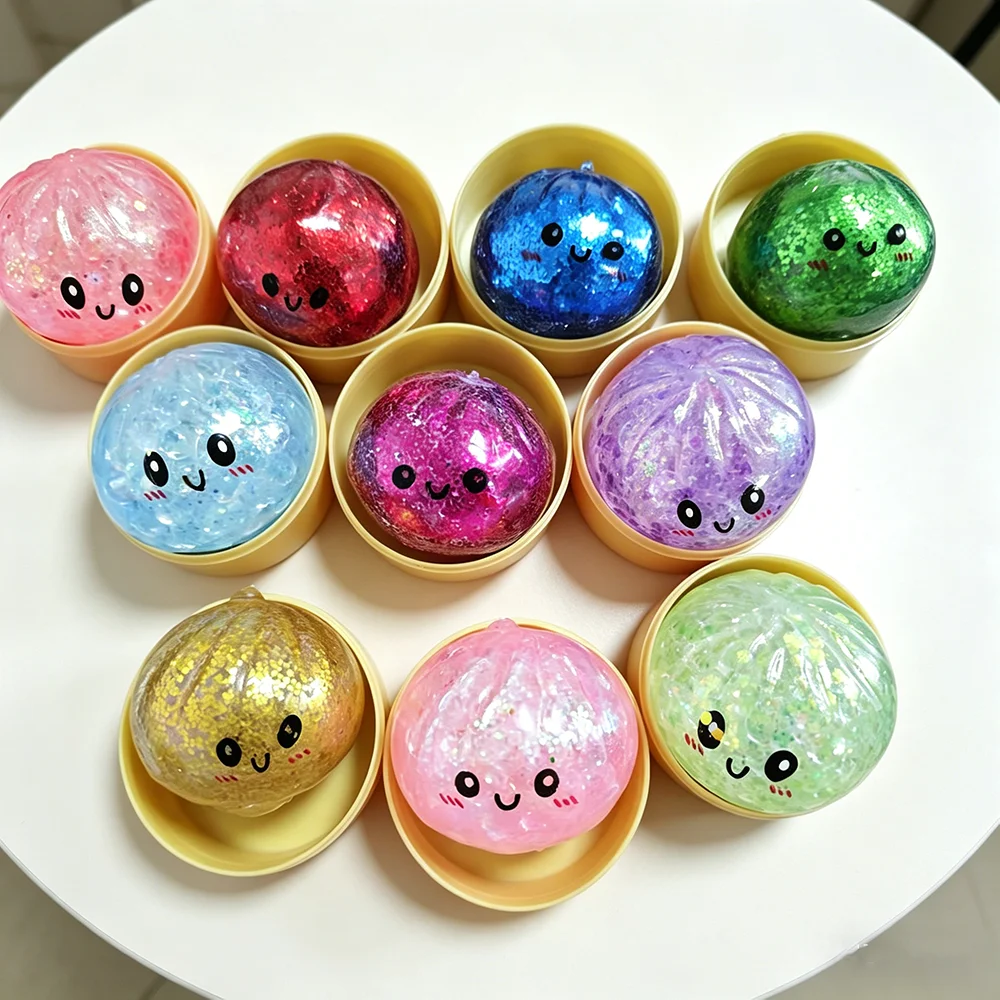 Mini Glitter Squishy Bun Stress Balls Kawaii Steamed Dumpling Squeeze Toys with Steamer Sensory Fidget Toys for Anxiety Relief