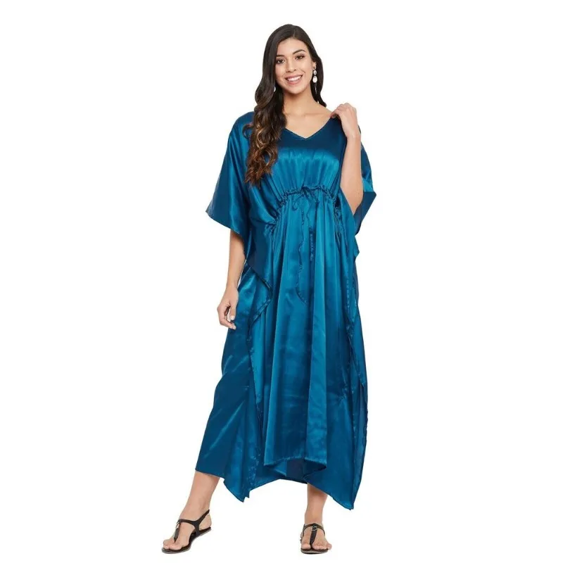 Indian Satin Silk Women's Long and Long Kimono Formal Dress with Multiple Sizes of Blue-green