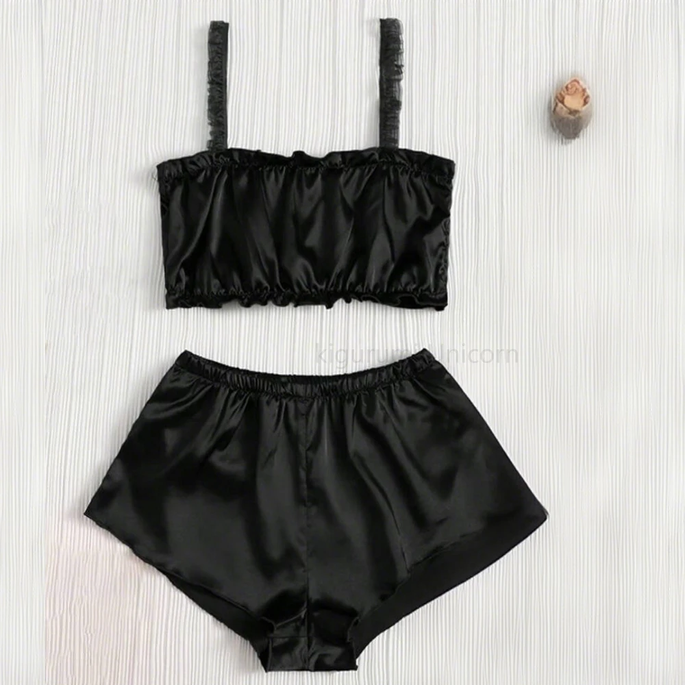Black Color Pleated Satin Pajamas Set Including Camisole Shorts And Long Pants Silk Women Sexy Sleepwear Summer Lingerie Bra