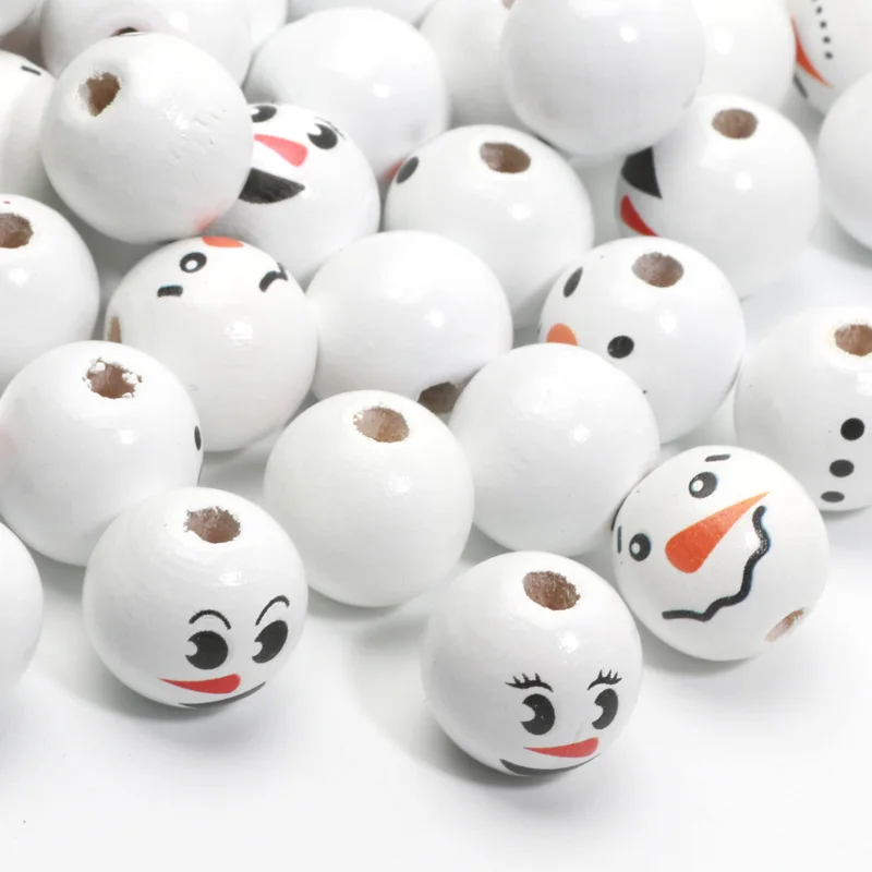 10pcs Christmas Snowman Pattern Round Balls Wood Spacer Beads Bracelet Wood Beads For Jewelry Making DIY Handicrafts Accessories