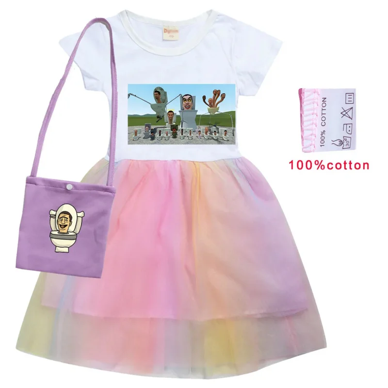 

2-10Y Graphic SKIBIDI TOILET Clothes Baby Girls Princess Dresses with Small Bag Kids Cartoon Camcorder Man Wedding Party Dress