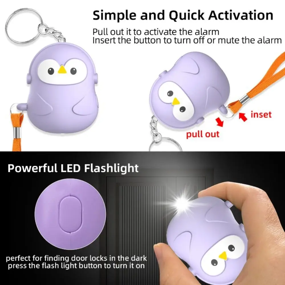 New 130dB Personal Self Defense Alarm Penguin Shape Mini Safety Siren with LED Light Portable Keychain Alarm for Women Girls view 2