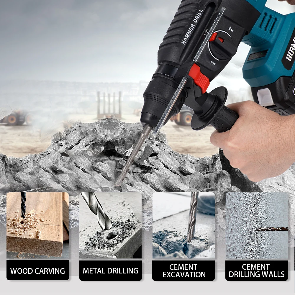 Hormy Brushless Electric Hammer Cordless Impact Drill Multi-function Rotary Hammer Concrete Electric Pick For Makita 18V Battery