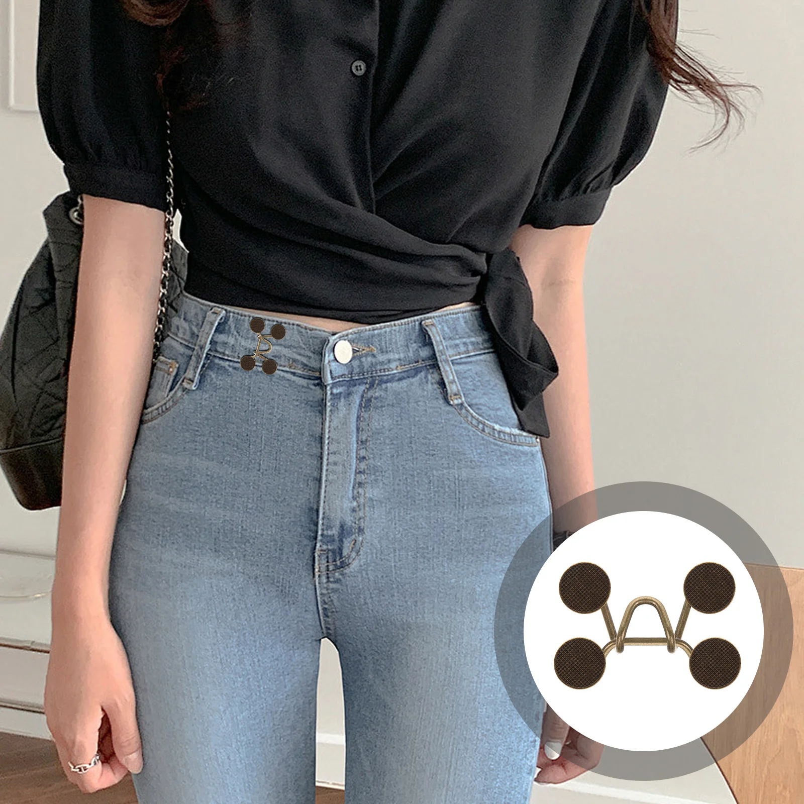 مجموعة موسع بإبزيم الخصر قابل للتعديل للجينز باللون الأسود والفضي والنحاس بدون خياطة سراويل معدنية مشبك تشديد الملابس السحابة