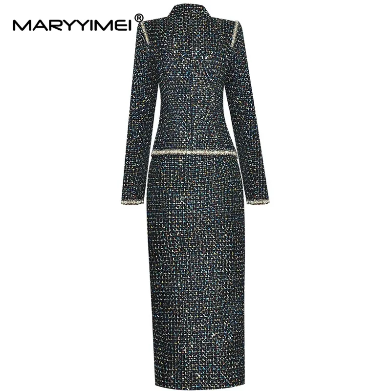 Maryimei autunno donna vestito in piedi colletto fiocco manica lunga Top coat + pacchetto hip Split gonna perline paillettes 2 pezzi Set