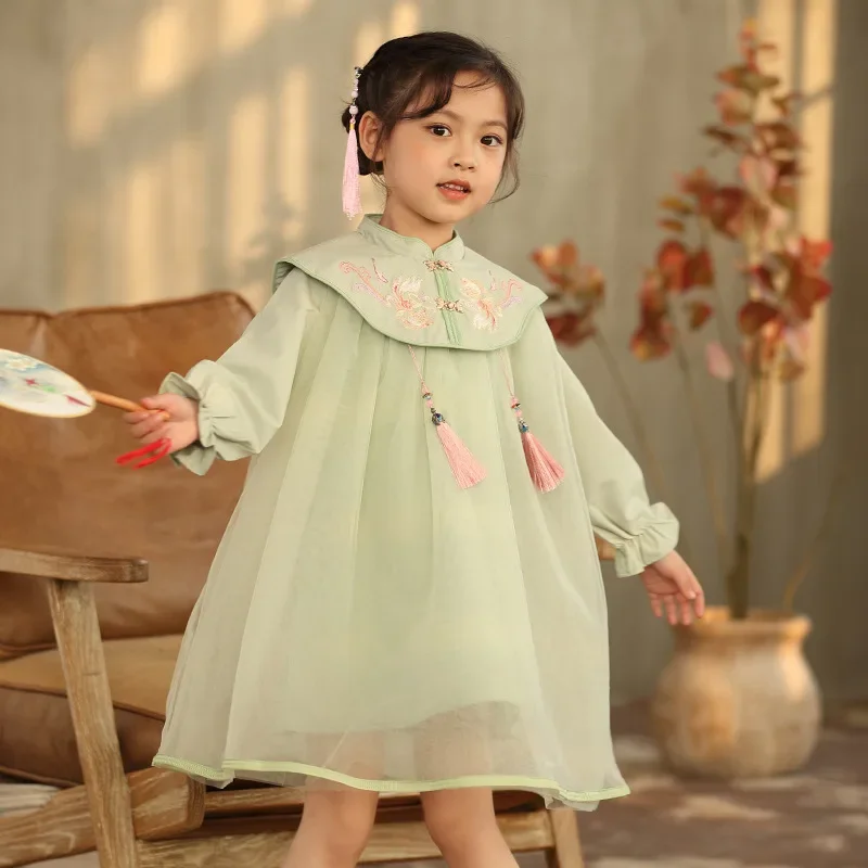 Girls' Han Chinese Costume Dress 2024 Autumn New Chinese Style Goldfish Embroidered Children's Cloud Shoulder Mesh Hanfu Skirt