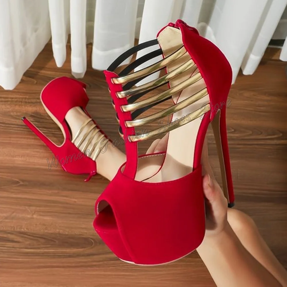 Red Platform Peep Toe Back Zipper Pumps Cut Out Thin High Heels High Heel Shoes for Women Heels 2024 New Zapatos Para Mujere