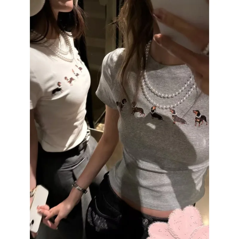 

Cotton American Hottie Puppy Print T-shirt Summer New Popular Retro Subculture Tees Women's Street Hip Hop Slim-fit Short Top