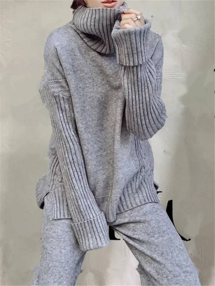 Autumn Winter 2 Pieces Women Sets Knitted Tracksuit 2024New Turtleneck Sweater and Wide Leg Jogging Pant Pullover Suits