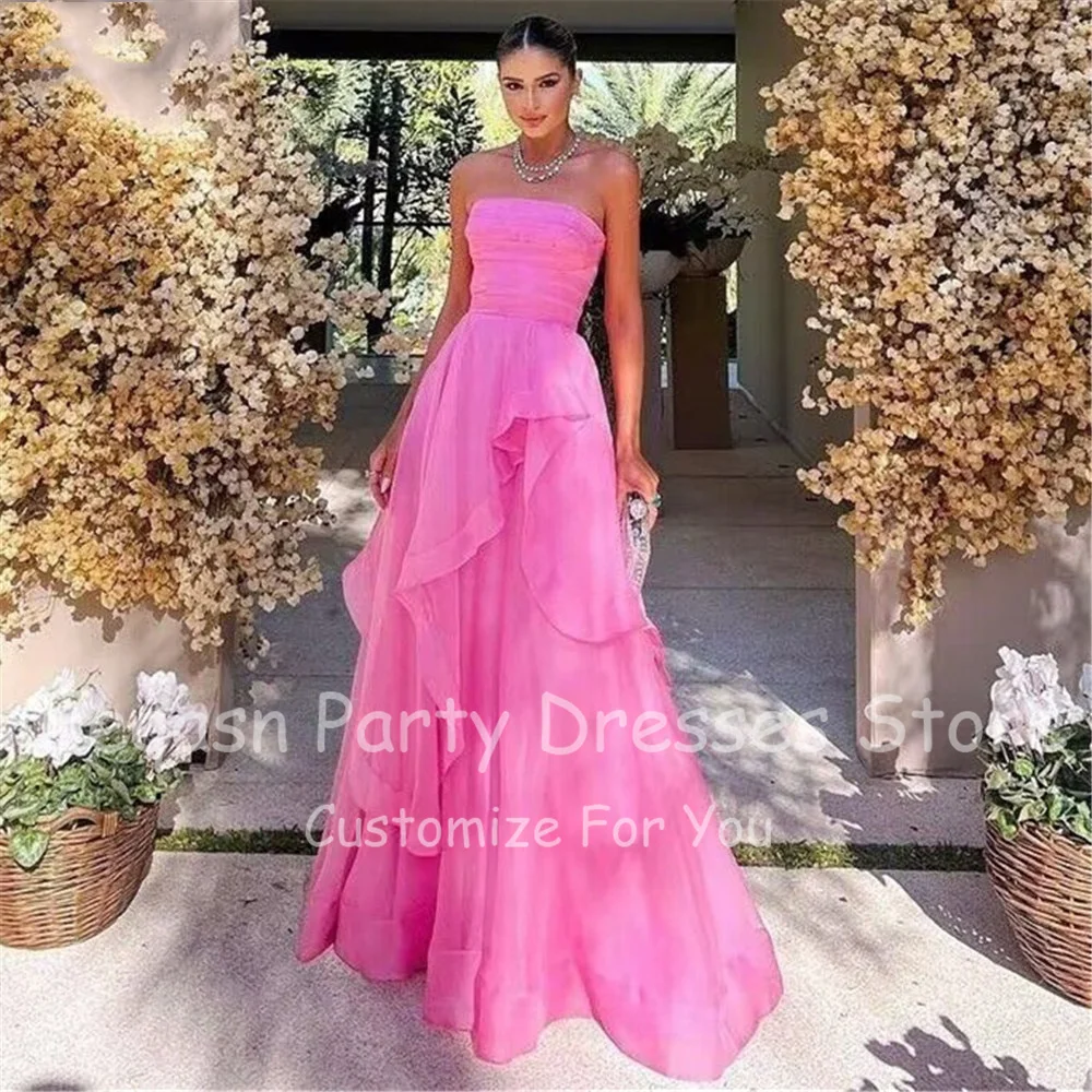 Customized Hot Pink Ruffles Organza Prom Dresses Pleat Strapless Women Formal Evening Dress Special Party Gowns Bridesmaid Dress