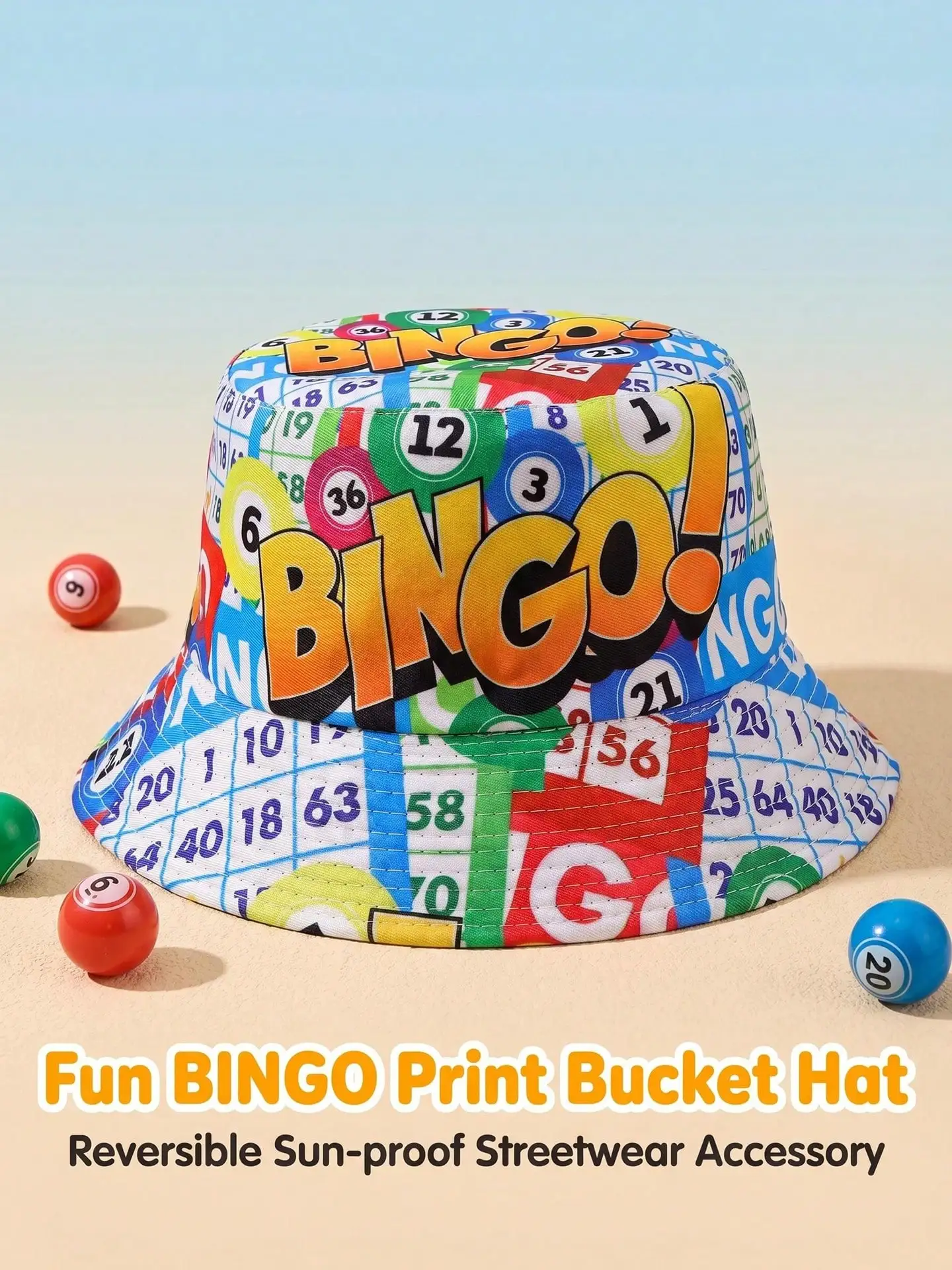 Double Sided Wear Y2K Retro Bingo Print Bucket Hat, Multicolor Full Print Photo Ready Bucket Hat For Women Men Party Travel