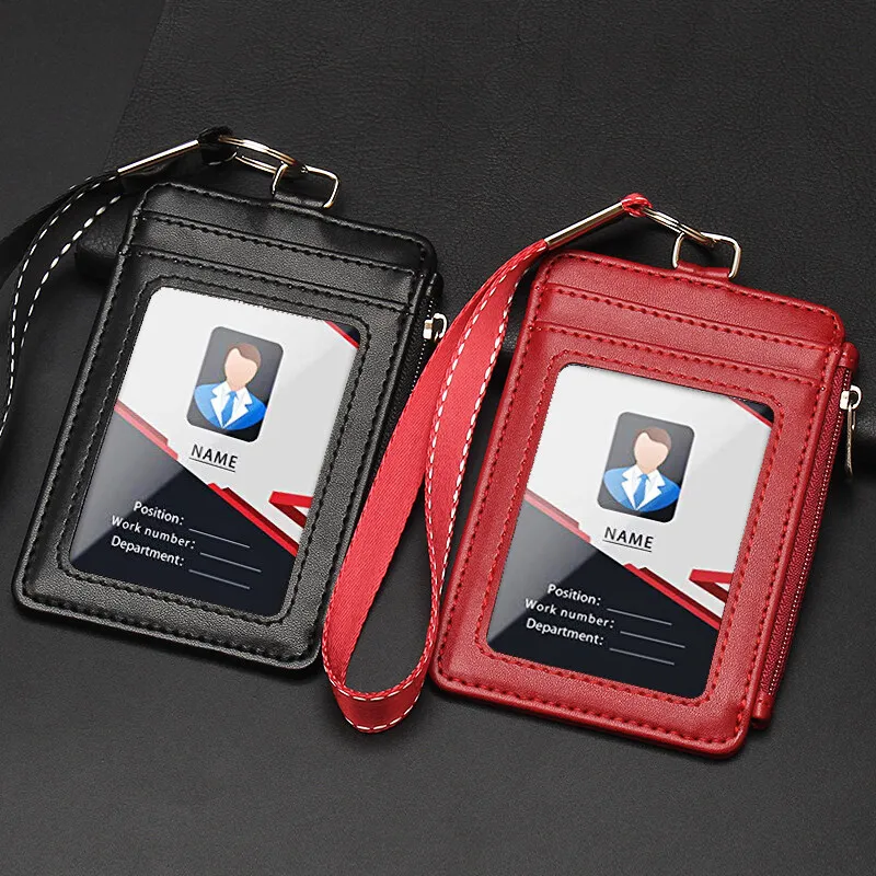 Zipper Multi Card Slots Bus Subway Access Control ID Card Holder Protective Cases PU Leather Wrist Strap Short Rope Pouch