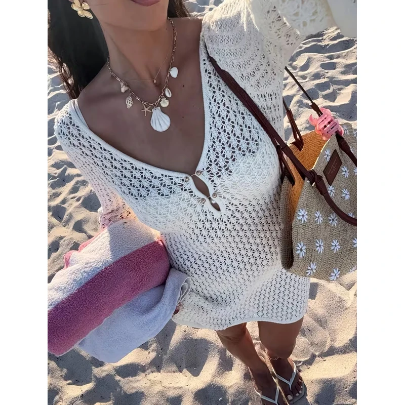 

Пляжное платье-накидка с вырезами в отпускном стиле, модное повседневное вязаное платье с длинными рукавами, облегающий крой, однотонный дизайн