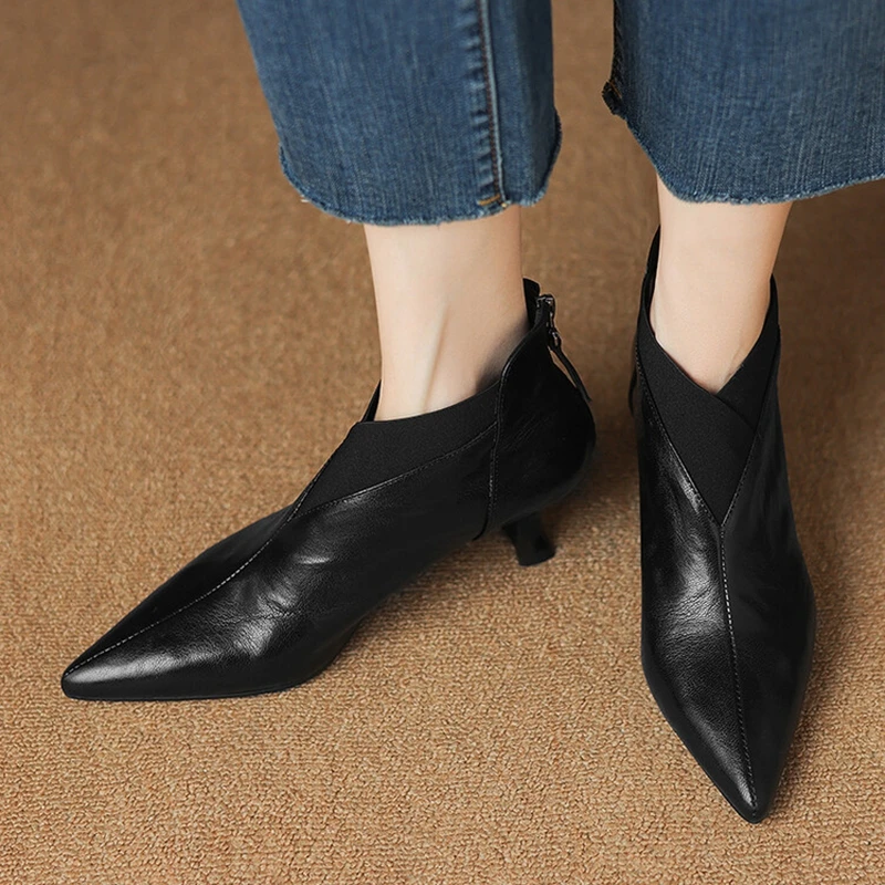 NEW Autumn Women Boots Genuine Leather Shoes for Women Pointed Toe Kitten Heel Shoes zip Ankle Boots Elegant Black Modern Boots