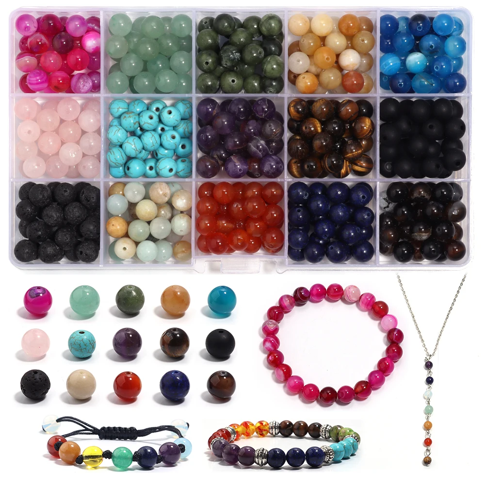 15Grids Natural Stone Beads Tiger Eye Agate Jade Amazon Stone Round Beads For DIY Handmade Charm Bracelet Necklace Accessories