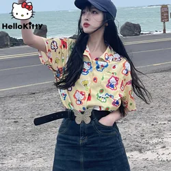 Sanrio Hello Kitty Cartoon Printed Short Sleeved Shirt Women Summer Design Loose Style Clothes Versatile Cute Y2k Student Shirt