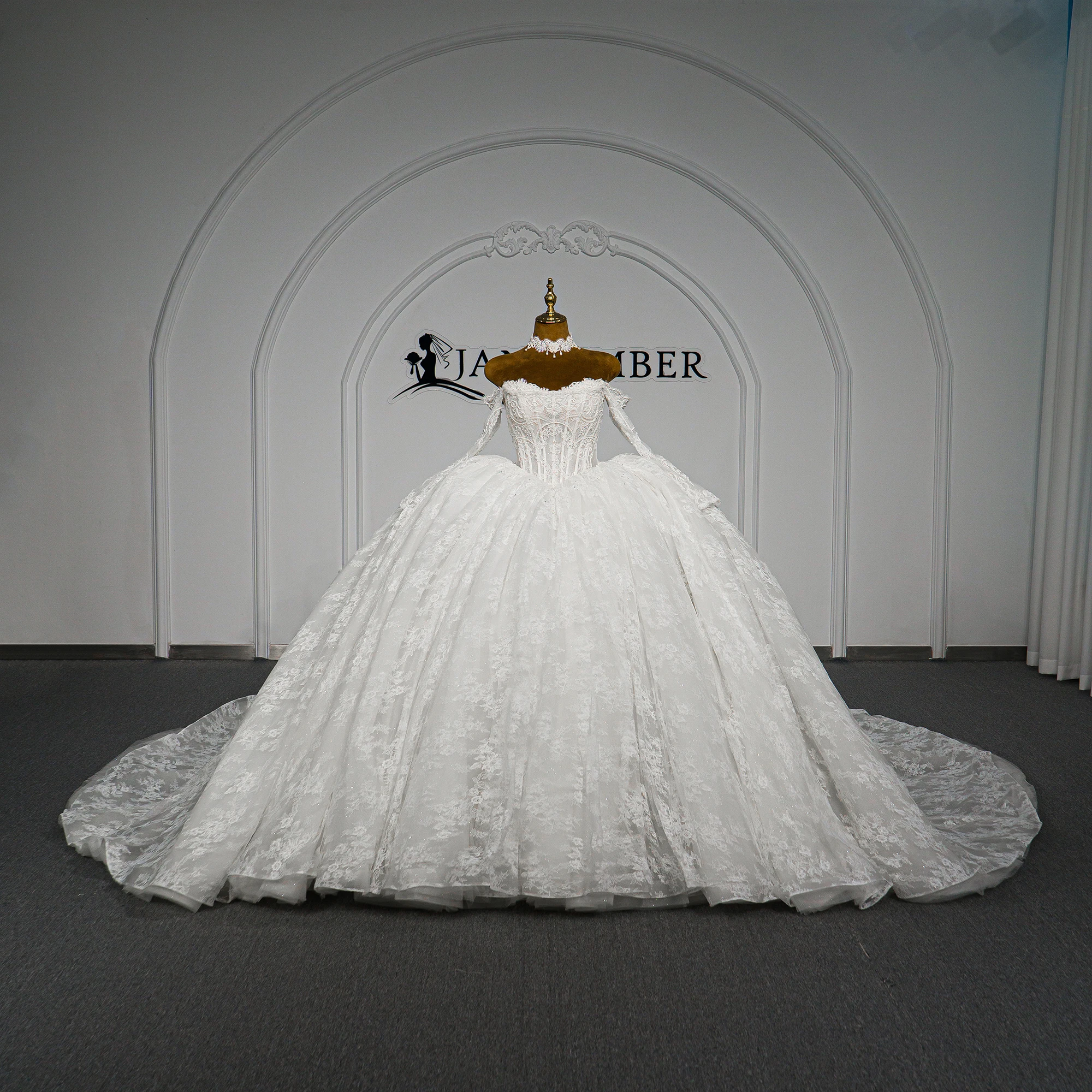 Exquisite White Ball Gown Customized Wedding Dress Scoop Off Shoulder Lace Long Sleeves Cathedral Train Vestido De Novia