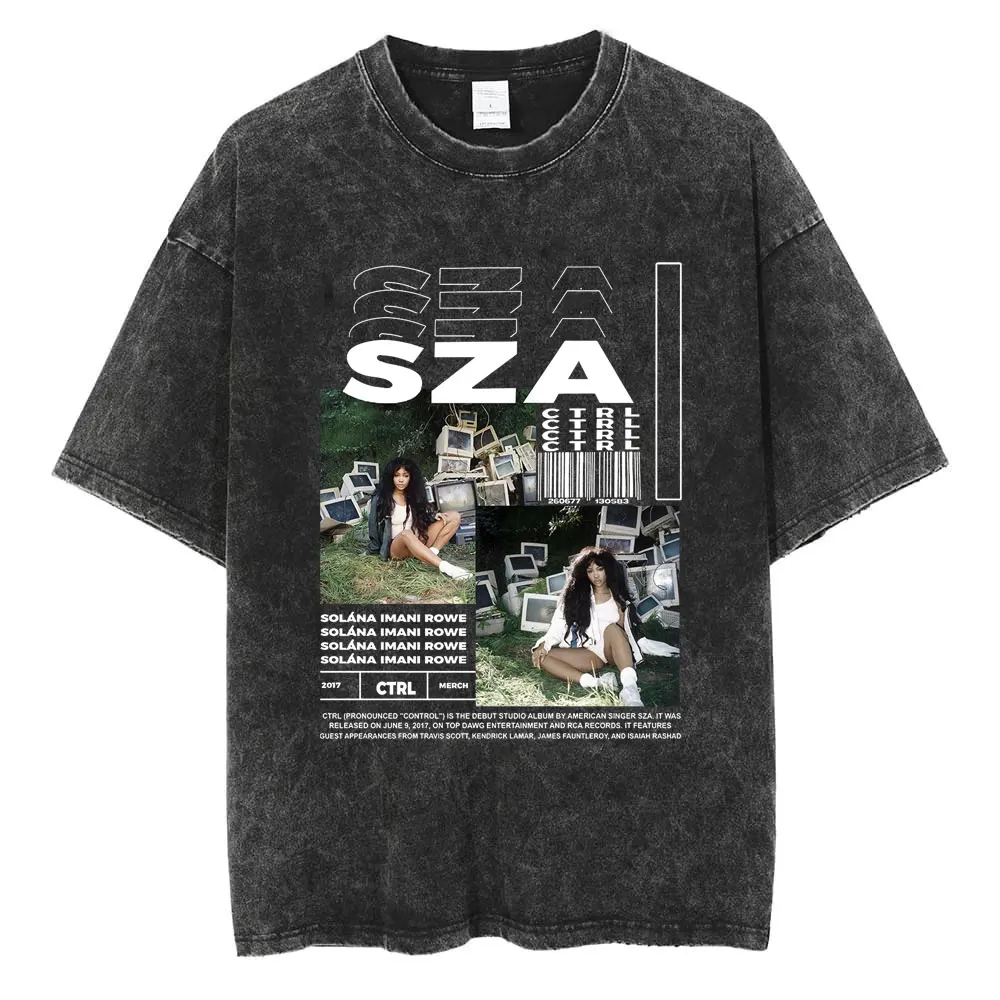 Limted Rapper SZA CTRL SOS Washed Fashion T Shirt Vintage Men Women T-shirt Oversized Hip Hop Cotton Popular T Shirts Streetwear