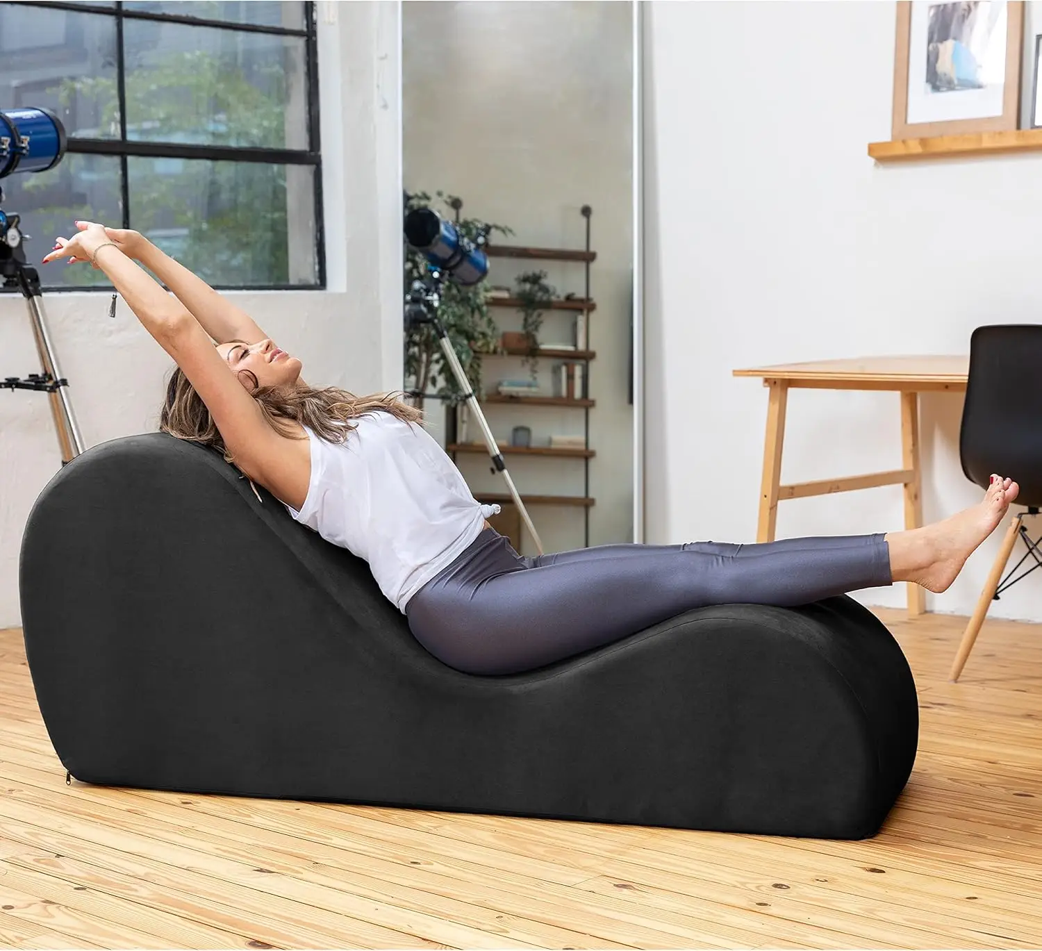 Sleek Chaise Lounge for Yoga-Made in The USA-for Stretching, Relaxation, Exercise & More, 60D x 18W x 26H Inch, Black