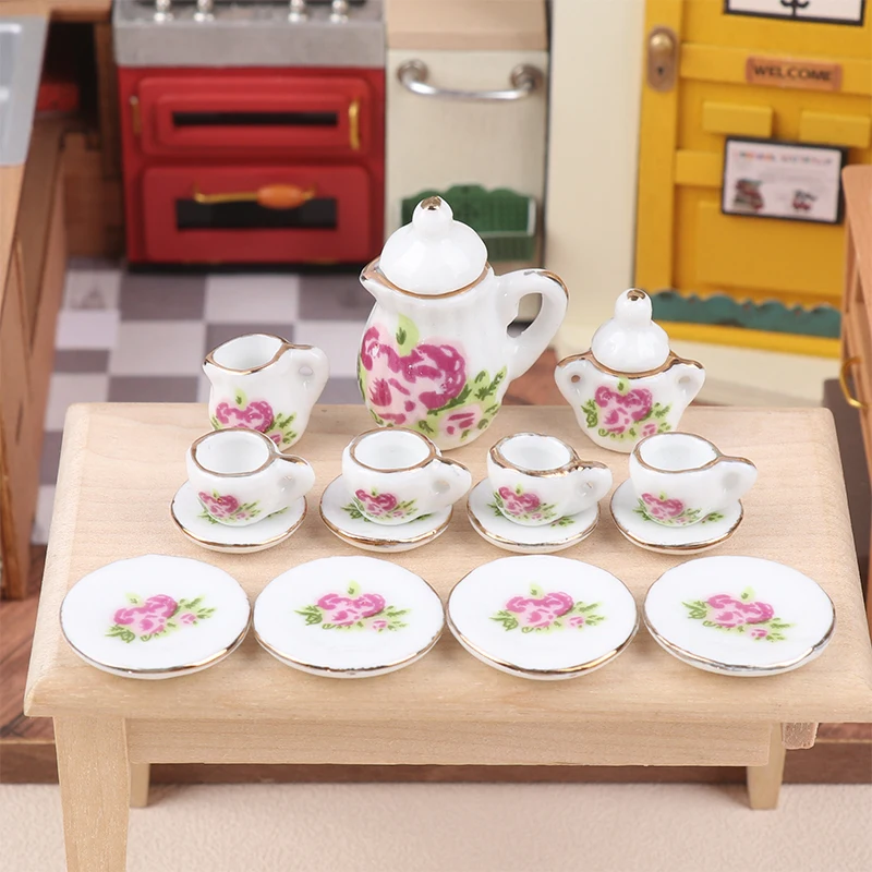 Girls Toys Tea Game Miniature Tea Set Dollhouse Furniture 15Pcs 1:12 Porcelain Cups Flower Tableware Kitchen Decorative Teapots