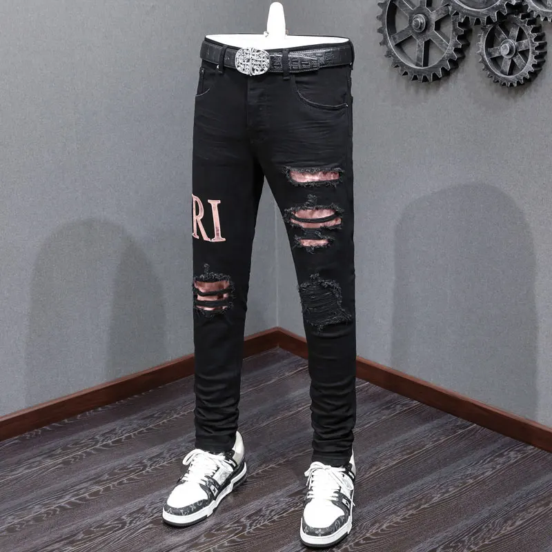 

Designer High Street Fashion New Jeans, Washed, Stretch, Slimming, Broken Hole, Red Patched Jeans, Patched Leather, Hip Hop Bran