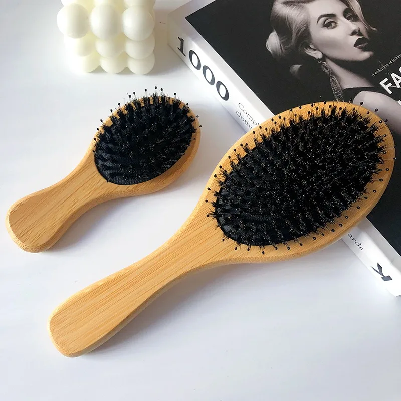 Natural Boar Bristle Hair Brush Bamboo Handle Hair Comb Anti-static Scalp Massage Comb Gasbag Detangling Hair Brush Styling Tool