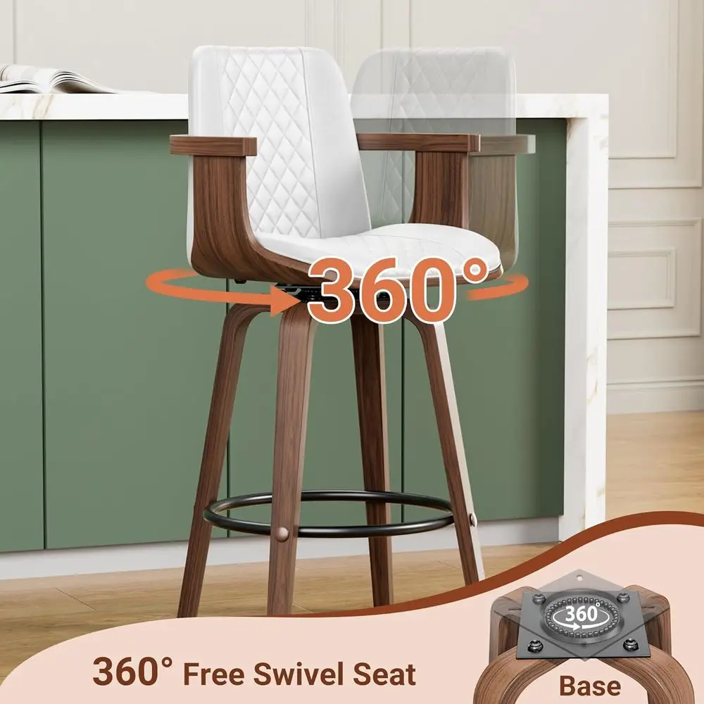 زوج من 26 مقعدًا دوارًا من جلد البولي يوريثان بأذرع، باللون الأبيض، لطاولة المطبخ الحديثة أو الجزيرة