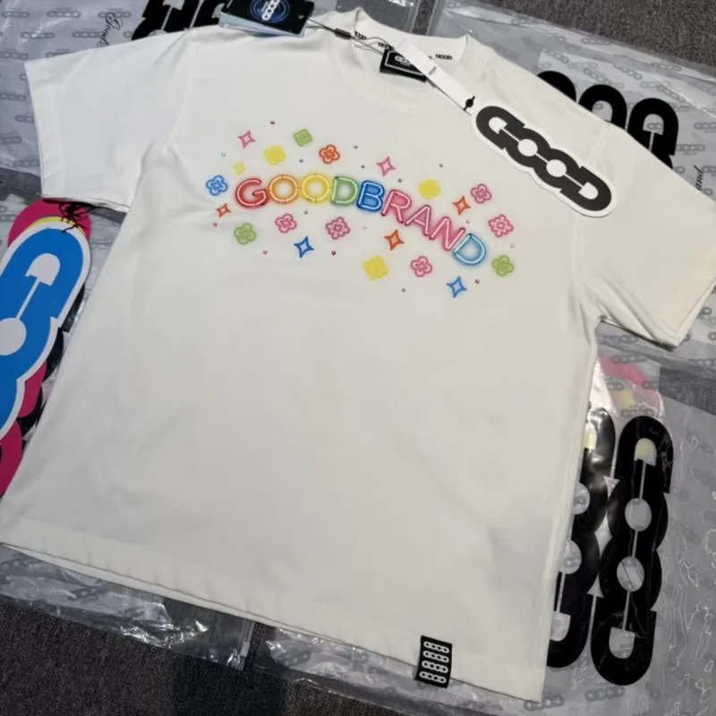 Colorful Neon Foam Letter Print GOODBRAND Tshirt Summer Fashion Street Men Women Round Neck Short Sleeve Casual Top Tees Outfit