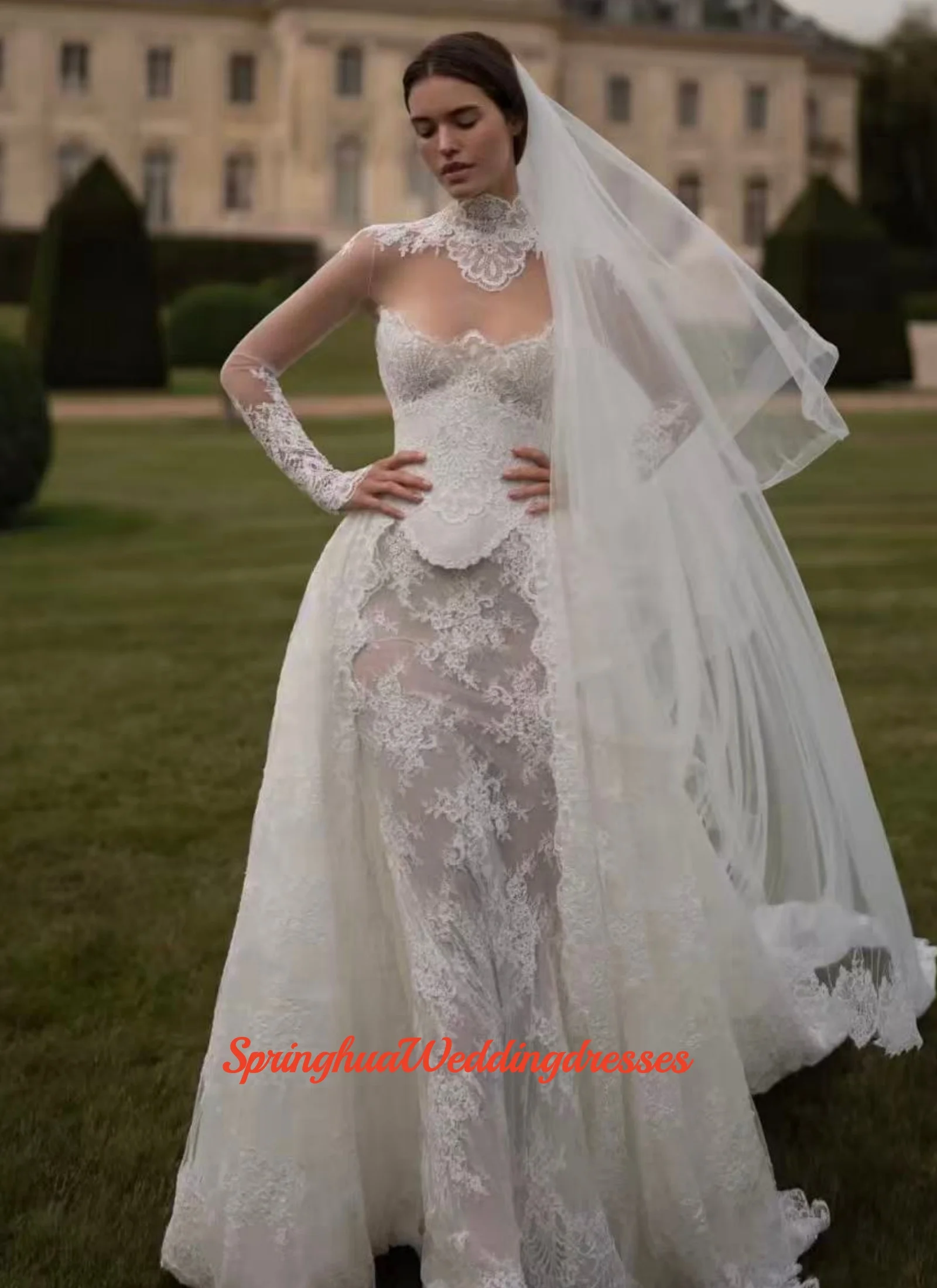 

Индивидуальные белые свадебные платья с высоким воротником и длинными рукавами, элегантные свадебные платья-русалка 2026 года, Vestidos De Novia