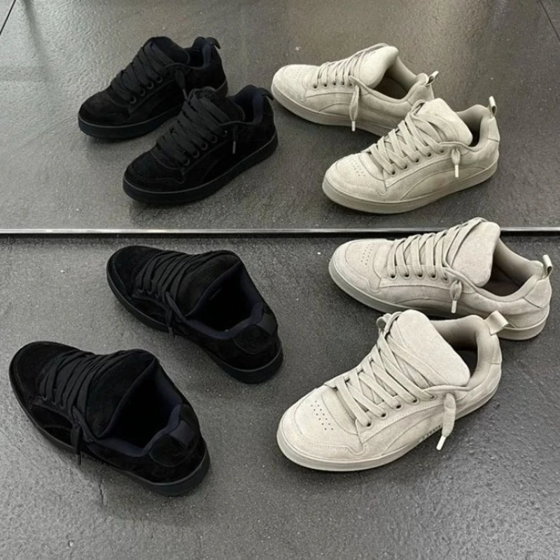 מעצב אופנה נעלי נשים גרסה חדשה נעלי לחם שמנמנות רטרו נעלי לחם שמנמנות שרוכים מעור אמיתי נעלי ספורט טרנדיות לגברים