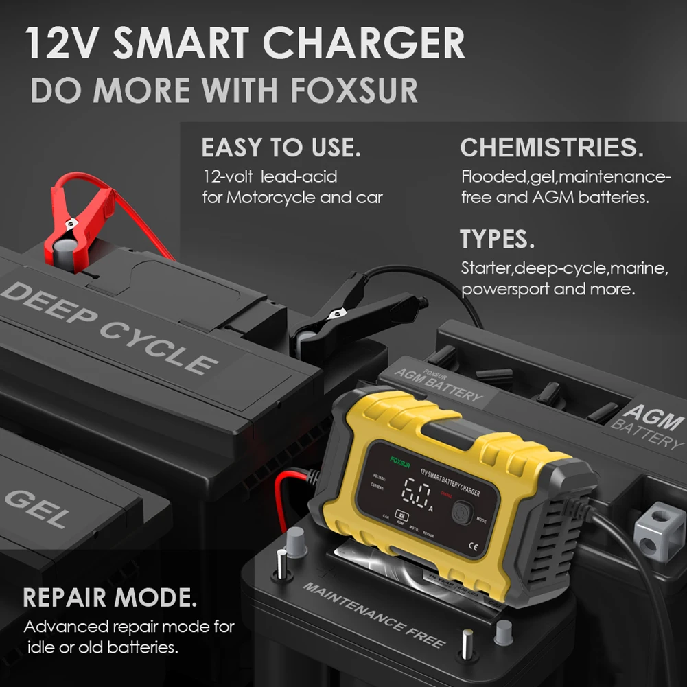 FOXSUR Fully Automatic Battery Charger 12V/6A Pulse Repair Maintenance LCD Display Smart Car Battery Charger for Gel Lead Acid