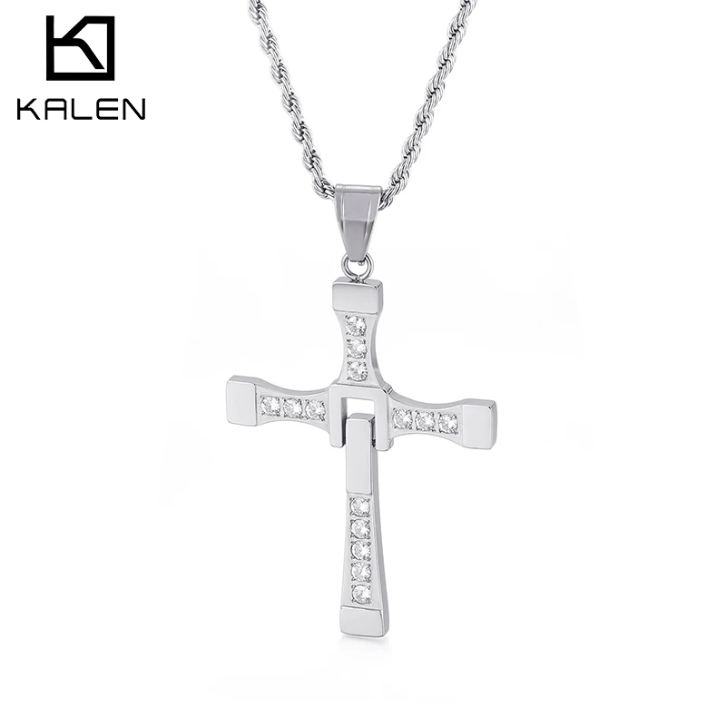 Kalen Fast and Furious Cross Pendant Necklace Stainless Steel Zircon High Quality Jewelry Men's Accessories Wholesale