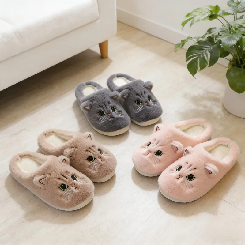 

New Winter Cotton Slippers Men Women Couple Cartoon Cat Indoor Plush Home Warm House Shoes