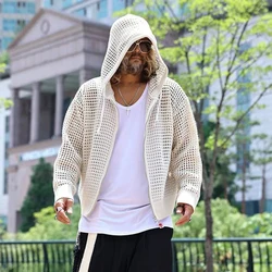 HOUZHOU Knit Mesh Coat for Men Hole Hooded Cardigan Long Sleeve Tee Male Hollow Out Casual Autumn Japanese Streetwear Hip Hop