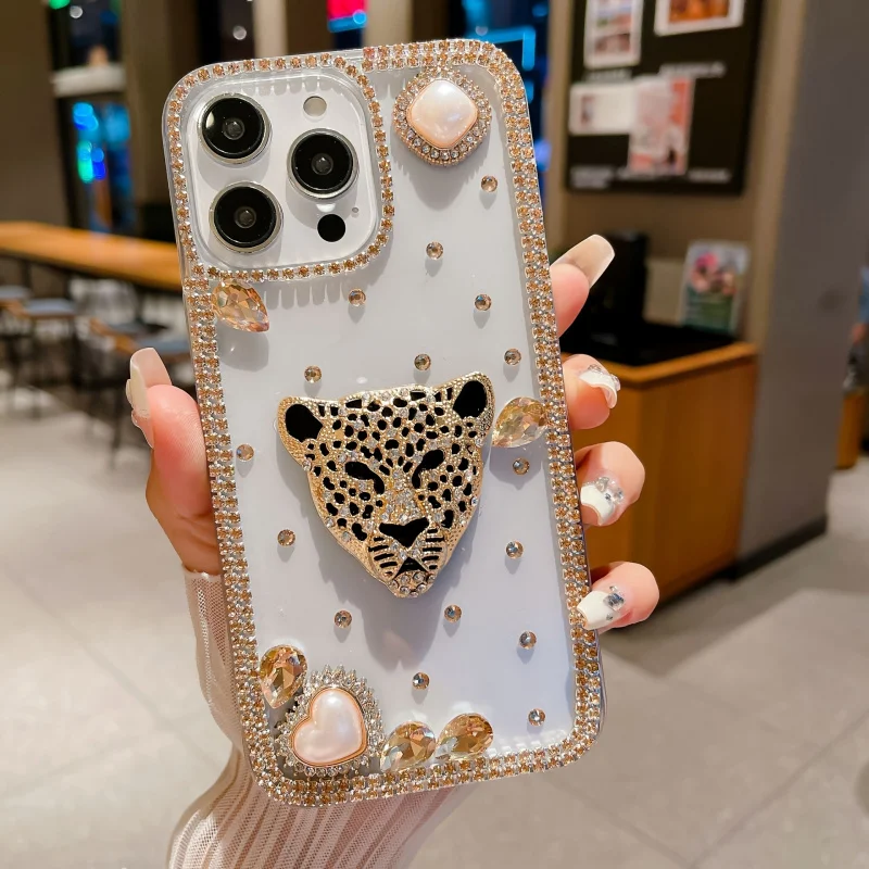 

New Gold Leopard Print Handmade Pearl Rhinestone Phone Case ApplicableiPhone 16/15/14/13/12/11 Pro Max