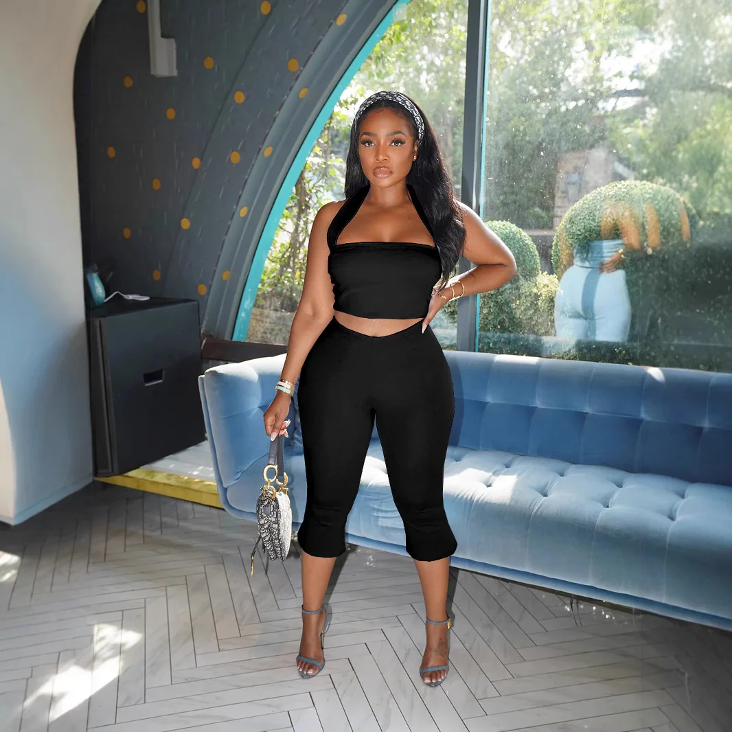 

Summer New Fashion Women's Black Red Solid Color Casual Trendy Slim 2 Piece Sets Sleeveless Strapless Vest Mid Calf Length Pants