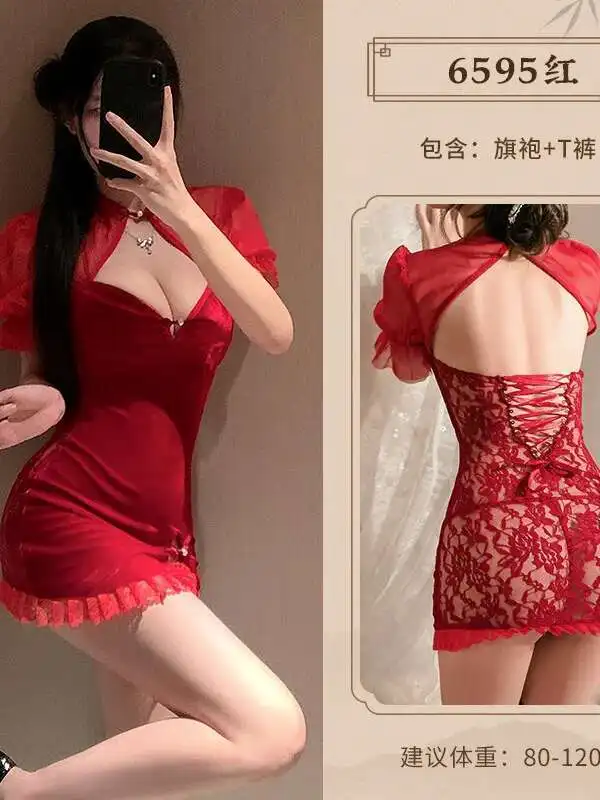 WOMENGAGA Chinese Style Short Sleeve Mini Dress Feimu New Year Velvet Lace Cheongsam Uniform Sexy Split Dress Elegant 2JV3