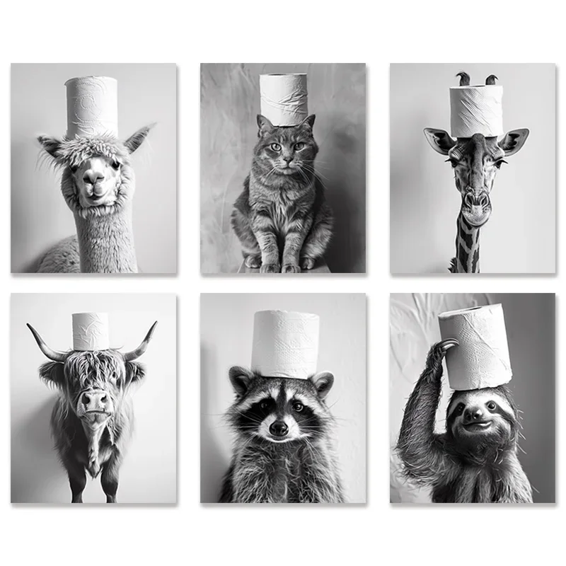 

Funny Animal Bathroom Mural Head Over Toilet Paper Roll Highland Cow Raccoon Modern Art Canvas Painting Toilet Decor Poster