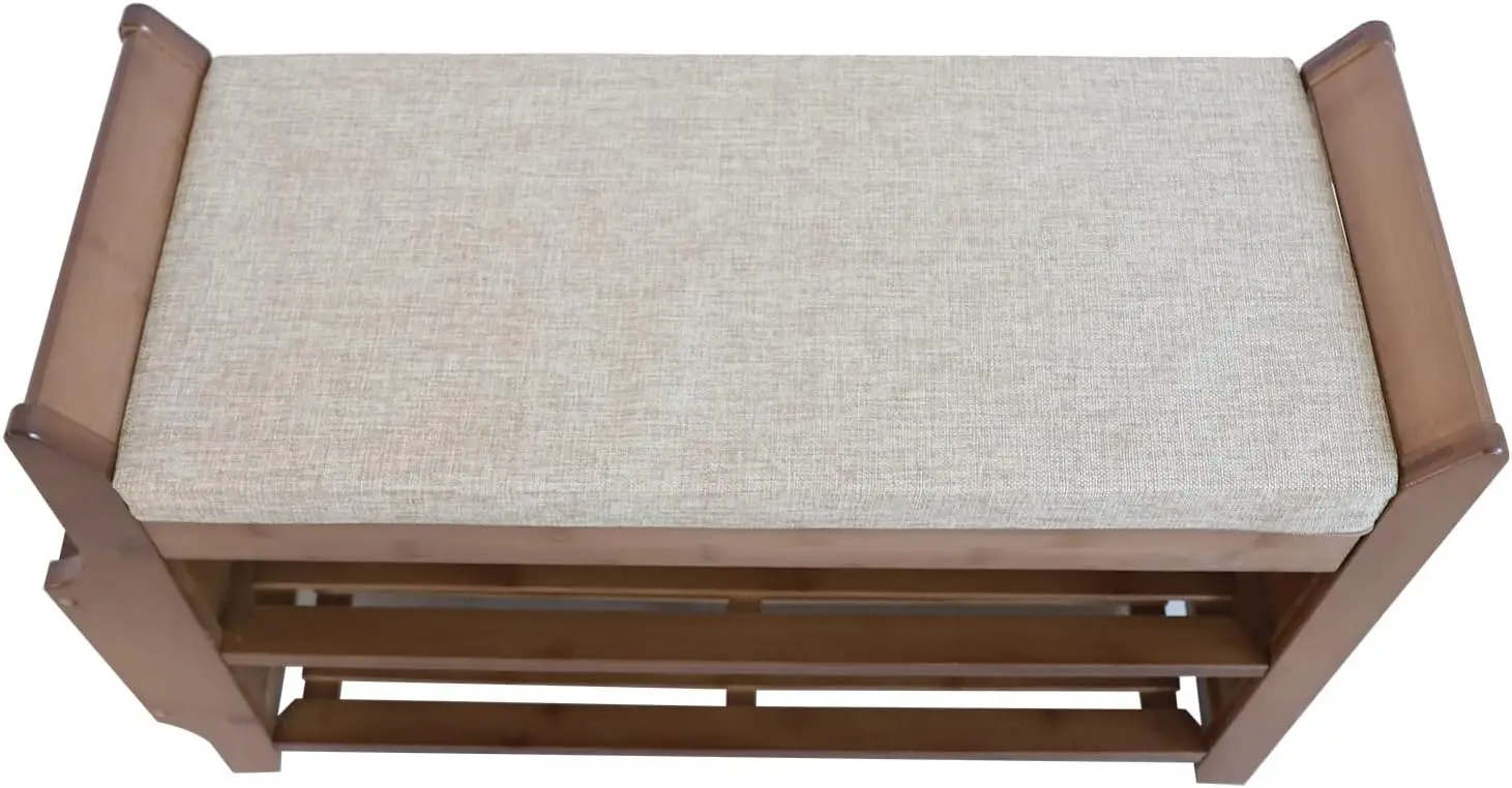 2 Tier Brown Bamboo Shoe Rack Bench with Soft Cushioned Seat