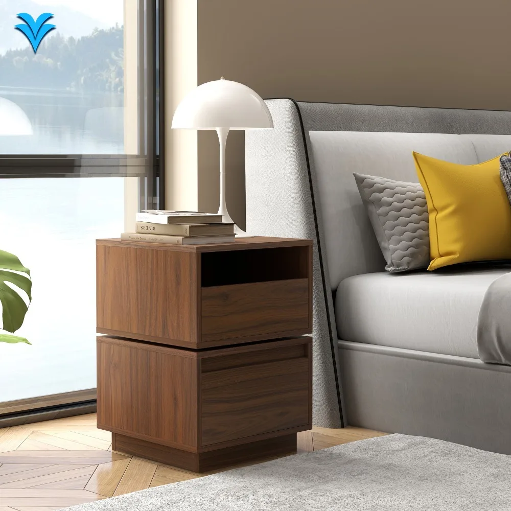 طاولة جانبية قابلة للدوران، طاولة بجانب السرير مع درجين، خزانة ذات درجين لغرفة النوم، جوز